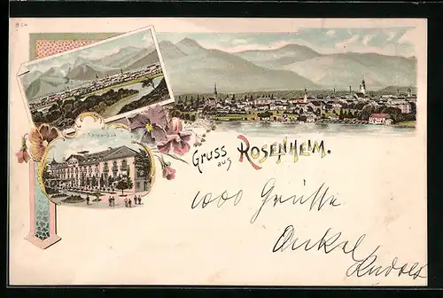 Lithographie Rosenheim, Teilansicht, Panorama, Kaiserbad