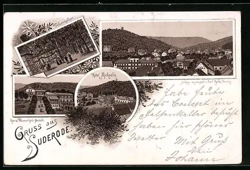 Lithographie Suderode, Ortsansicht, Hôtel Michaelis, Kur- und Wasserheil-Anstalt, Felsenkeller