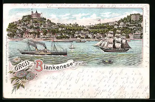 Lithographie Hamburg-Blankenese, Dampfer auf der Elbe, Blick auf den Stadtteil mit Fährhaus W. Sagebiel