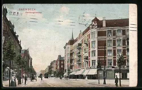 AK Hamburg-Barmbek, Blick in die Hamburgerstrasse mit Strassenbahnen und Passanten