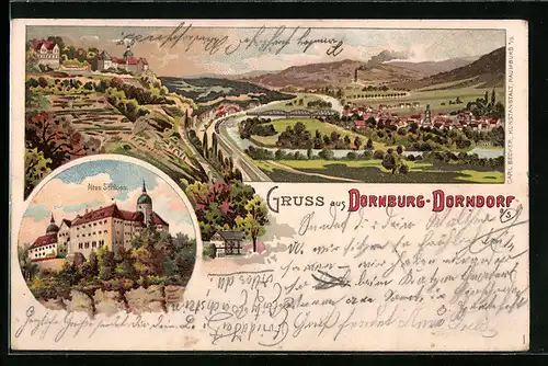 Lithographie Dornburg-Dorndorf, Ortsansicht und altes Schloss