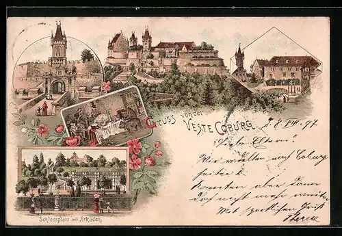 Lithographie Coburg, Veste Coburg mit Gesamtansicht, Hauptportal, Schlossplatz mit Arkaden