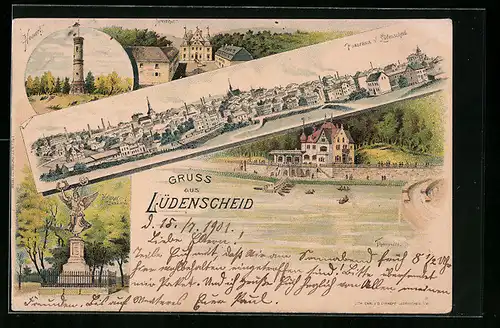 Lithographie Lüdenscheid, Ortsansicht im Panorama, Krieger Denkkmal, Homerturm, Thalsperre