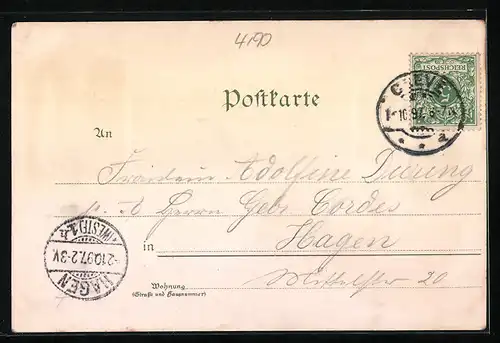 Lithographie Bad Cleve, Ortsansicht mit Windmühle, Amphitheater, Schwanenburg