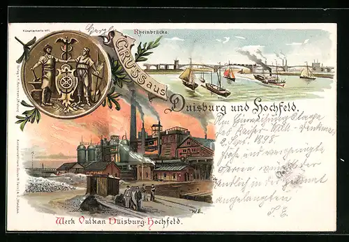 Lithographie Duisburg-Hochfeld, Werk Vulkan, Rheinbrücke