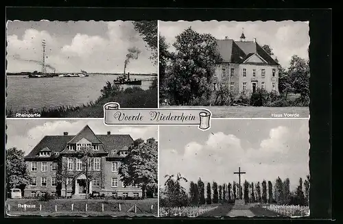 AK Voerde /Niederrhein, Haus Voerde, Ehrenfriedhof, Rathaus, Rheinpartie