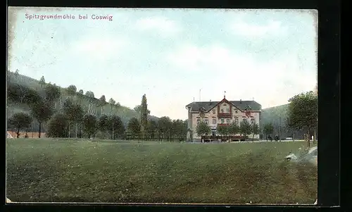 AK Coswig, Blick zum Haus Spitzgrundmühle