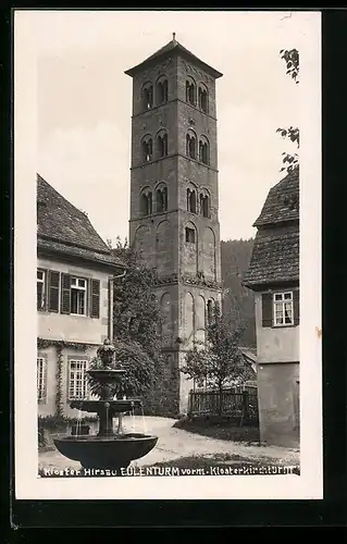AK Hirsau, Kloster Hirsau, Eulenturm vorm Klosterkirchturm mit Brunnen