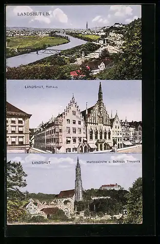 AK Landshut i. B., Ortsansicht, Rathaus, Martinskirche und Schloss Trausnitz