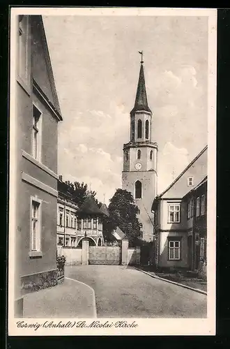 AK Coswig /Anhalt, St. Nicolai-Kirche bei Sonnenschein