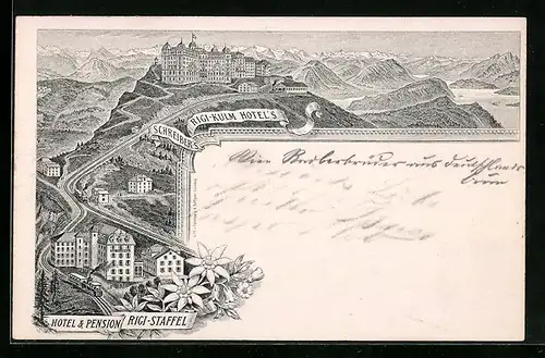 Lithographie Rigi-Kulm, Schreiber`s Rigi-Kulm Hotel, Hotel und Pension Rigi-Staffel