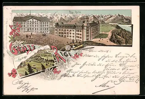 Vorläufer-Lithographie Rigi-Kulm, Hotel-Ansicht, Rigi-Staffel 1895