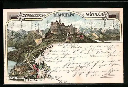 Lithographie Rigi-Kulm, Schreiber`s Hotel, Hotel Rigi Staffel