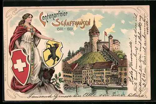 Lithographie Schaffhausen, Centenarfeier, Helvetia mit Wappen
