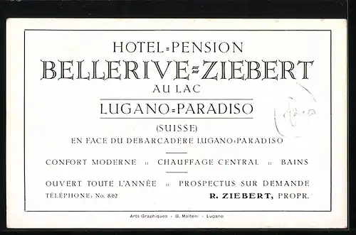 Künstler-AK Lugano-Paradiso, Hotel Bellerive-Ziebert