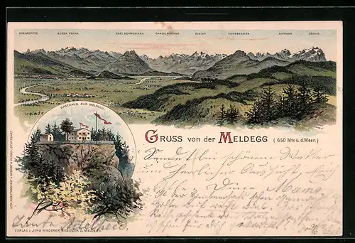 Lithographie Meldegg, Gasthaus zur Meldegg, Panorama mit Alvier, Hohenkasten und Säntis