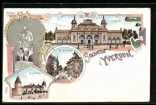 Lithographie Yverdon, Le Casino, Rue de la Poste, Le Chateau