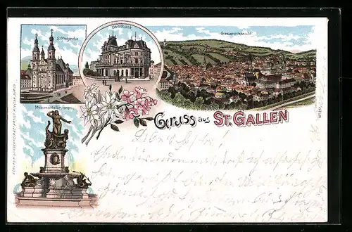 Lithographie St. Gallen, Unionbank, Stiftskirche, Monumentalbrunnen