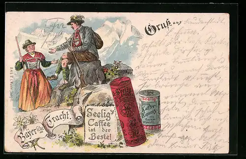 Lithographie Reklame für Seelig`s Kaffee mit Bergsteiger-Paar in Bayerischer Tracht