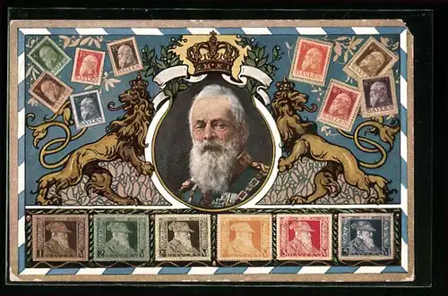AK Briefmarken Bayerns, Prinzregent Luitpold mit Krone und zwei Löwen