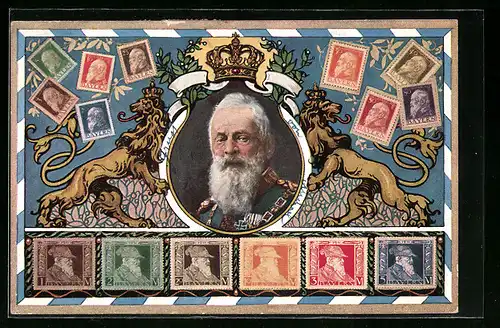 AK Briefmarken Bayerns, Prinzregent Luitpold mit Krone und zwei Löwen