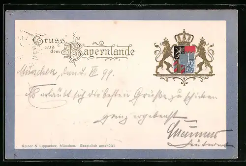 Präge-AK Zwei Löwen halten das Wappen von Bayern