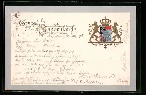 Präge-AK Zwei Löwen halten das Wappen von Bayern