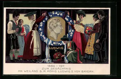AK Frauen mit Portrait S. M. König Ludwig II. von Bayern im Kranz, 1886-1911