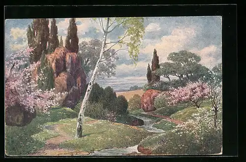 Künstler-AK Kränzle: Landschaft mit Bach bei Baumblüte