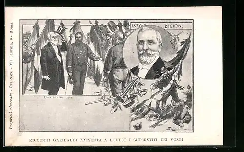 Künstler-AK Roma, Ricciotti Garibaldi presenta a Loubet i Souperstiti dei Vosgi, Emile Loubet, Präsident von Frankreich