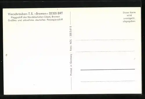 AK Passagierschiff T.S. Bremen, Flagship of North German Lloyd