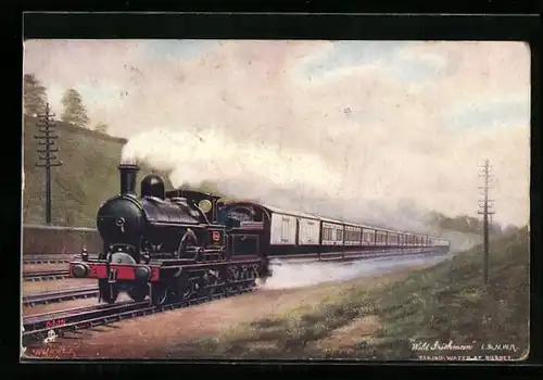 Künstler-AK Englische Eisenbahn Wild Grishman in voller Fahrt
