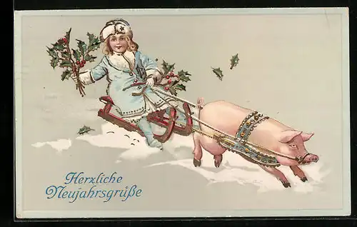 AK Kind auf Schlitten mit angespanntem Schwein, Neujahrsgruss