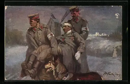 AK Soldaten mit Sanitätshund beim Bergen eines Verwundeten