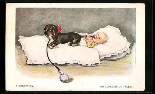 Künstler-AK Ein schlechter Tausch, Dackel trinkt aus Flasche, Baby nuckelt an Dackelschwanz