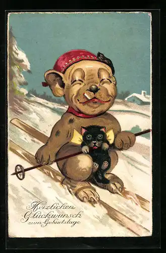 Künstler-AK Hund auf Skiern mit einem Kätzchen