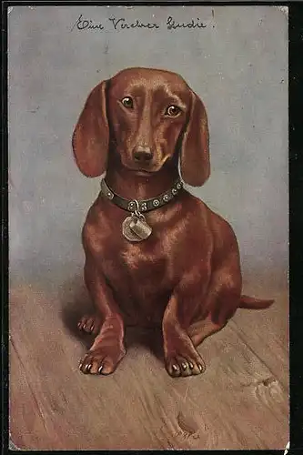 Künstler-AK Dackel mit HB-Bierkrügchen am Halsband