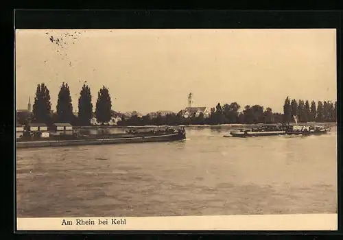 AK Kehl, am Rhein mit Blick auf die Kirche und Dampfer