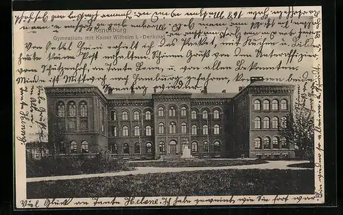 AK Rendsburg, Gymnasium mit Kaiser Wilhelm I.-Denkmal