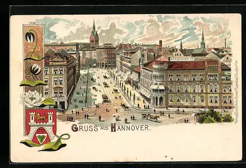 Lithographie Hannover, Bahnhofstrasse mit Hotel Rheinischer Hof
