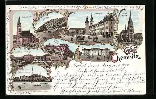 Lithographie Chemnitz, St. Petri-Kirche, Nicolaikirche, Justizpalast, Schlossteich