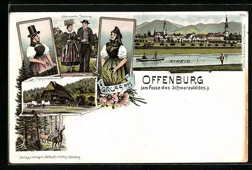 Lithographie Schwarzwald, Schwarzwälder Bauernhaus, Menschen in Schwarzwälder Tracht