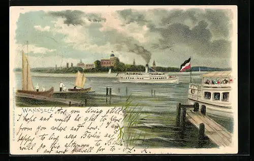 Lithographie Berlin-Wannsee, Salondampfer und Segelboote