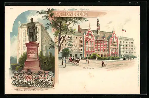 Lithographie Schöneberg, Kaiser Wilhelm-Denkmal, Rathaus