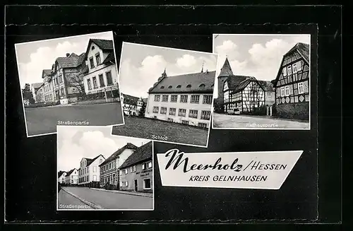 Passepartout-AK Meerholz /Kr. Gelnhausen, Rathauspartie, Schloss, Strassenpartien
