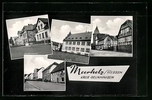 Passepartout-AK Meerholz bei Gelnhausen, Rathauspartie, Strassenpartien, Schloss