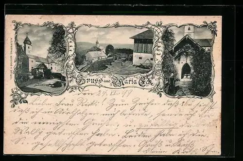 Passepartout-AK Maria Eck, Ortspartie, Kirche, Kircheneingang