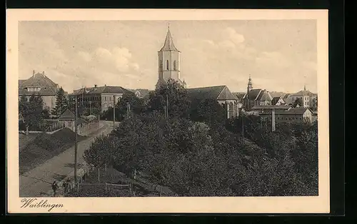 AK Waiblingen, Strassenpartie mit Blick auf die Kirche