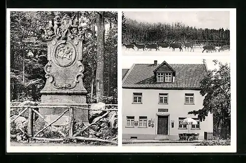 AK Entenpfuhl, Gasthaus zum Jäger aus Kurpfalz, Denkmal, Wildgruppe im Schnee