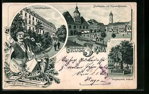 Lithographie Jena, Marktplatz mit Bismarckbrunnen, Universitätsgebäude, Burschenschafts Denkmal
